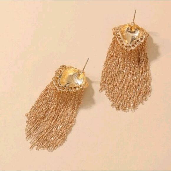 Gold Lion Head Earrings Tassel Fringe - Picture 4 of 4